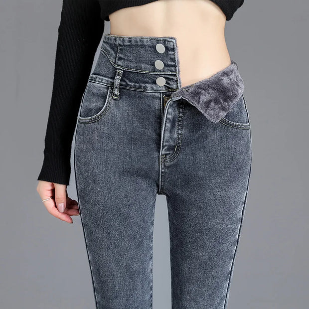 Jeans Thermiques Hiver Polaire Épaisse Taille Haute – Confort et Style pour l'Hiver
