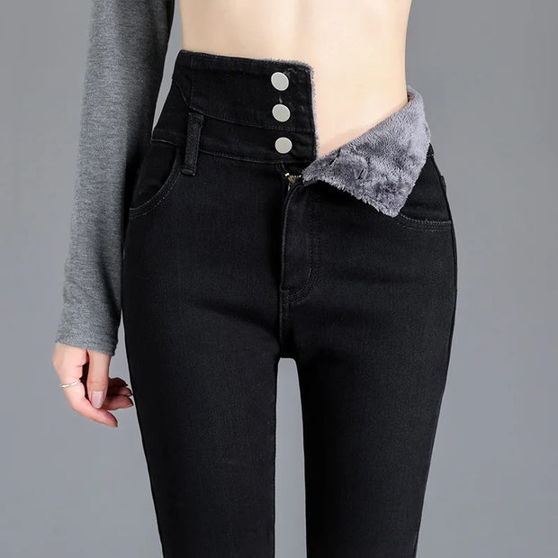 Jeans Thermiques Hiver Polaire Épaisse Taille Haute – Confort et Style pour l'Hiver