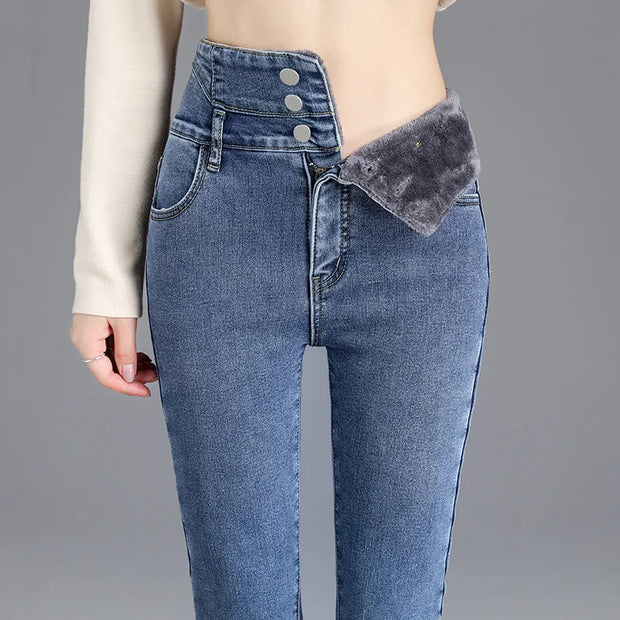 Jeans Thermiques Hiver Polaire Épaisse Taille Haute – Confort et Style pour l'Hiver