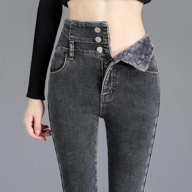 Jeans Thermiques Hiver Polaire Épaisse Taille Haute – Confort et Style pour l'Hiver