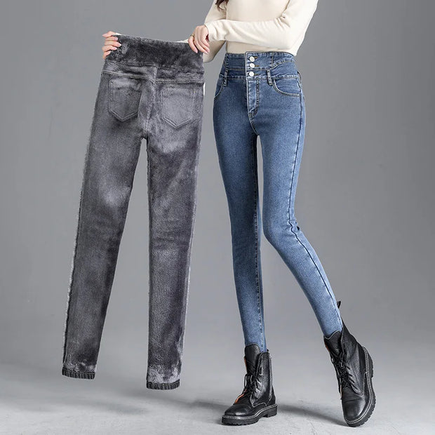Jeans Thermiques Hiver Polaire Épaisse Taille Haute – Confort et Style pour l'Hiver